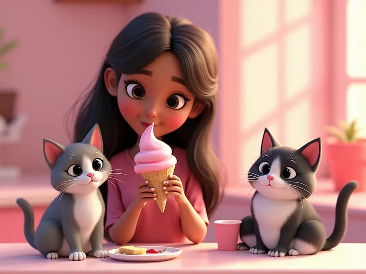 Isabella is an  girl with long dark brown hair and white skin. She likes dresses and the color pink and has two cats, a big gray and tender one and a small black and white one. 3D Eating ice cream with her friend Danna, , with dark skin color, very tender ...