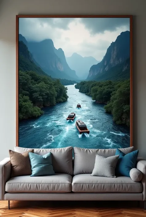  Pictures of paintings of landscapes of mountains and rivers beautifully framed .   Small boats pass in a fast-flowing river ,  as if breaking through the frame of the painting and falling onto the wooden floor in the room .  Deep blue seawater flows viole...