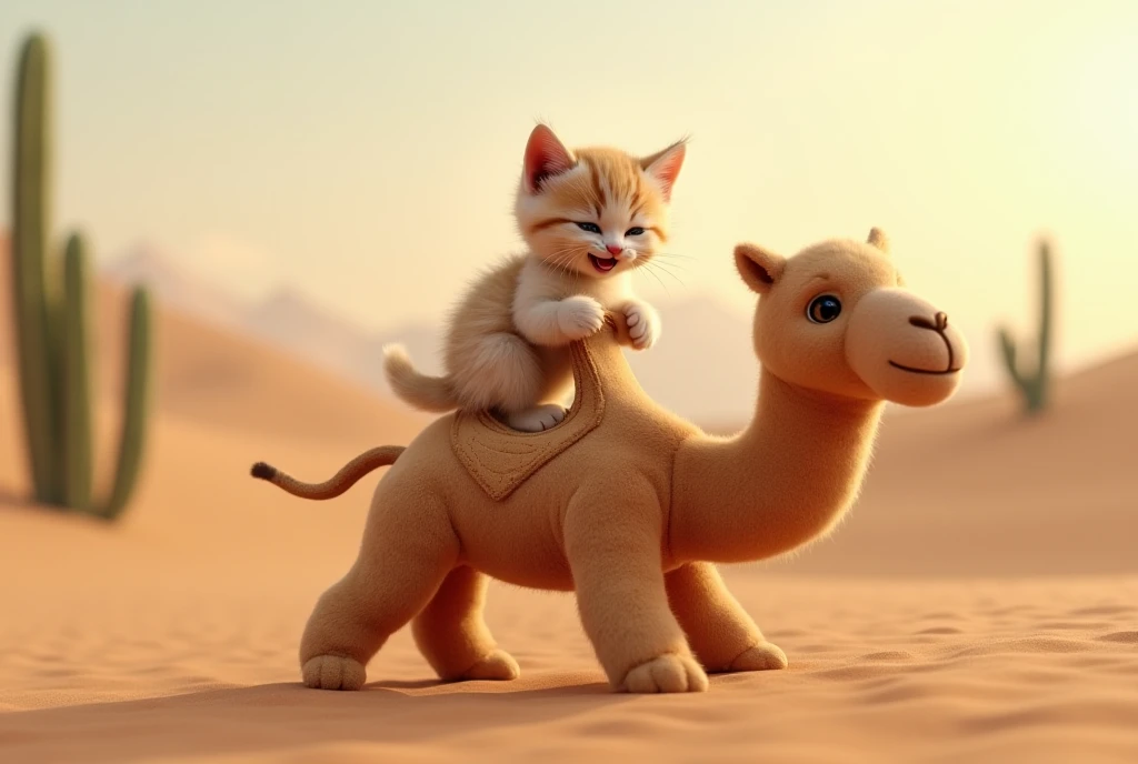 Kitten、Ride on the back of a stuffed camel、 is laughing。 desert。Cactus。
Real kitten。