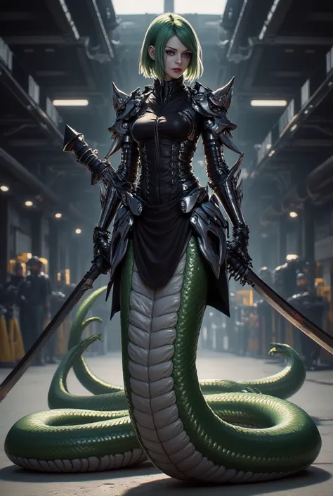  Photo of a realistic lamia girl .  green hair. Upper body — cute beautiful girl, lower body - a green snake . Wears a black top over a cybernetic combat suit,  slim body.  Natural short black hair of light crevice color , pointed ears,  medium chest .  fu...