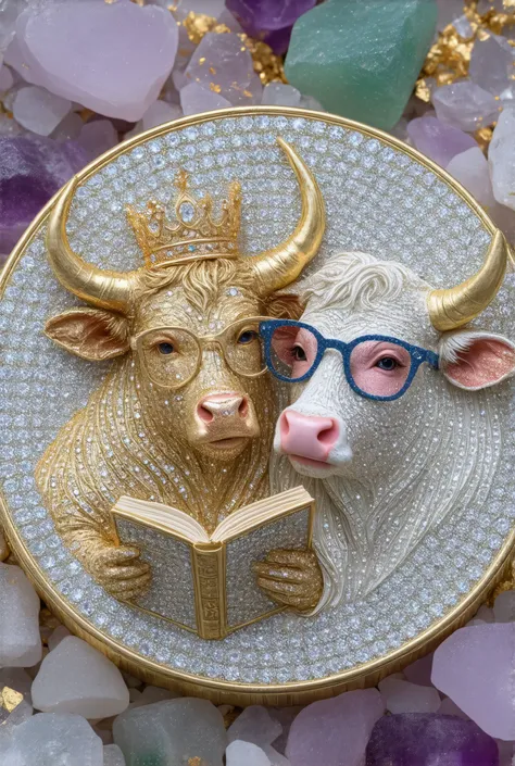 Gold couple bull coins inlaid with diamonds around the coin, bright golden couple bull, ruby inlaid female, sapphire inlaid female, golden bull couple appearing on gold coins surrounded by shimmering colorful gemstones, is a ripe gold coin that looks like ...