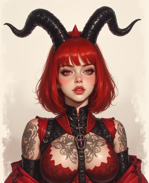 This is a surreal watercolor painting ,  Digital illustration of a young woman wearing a provocative sucubus costume with black horns ,  created in a hyperrealistic  ,   photorealistic style .  The subject is a woman with fair skin and red hair in a bob st...