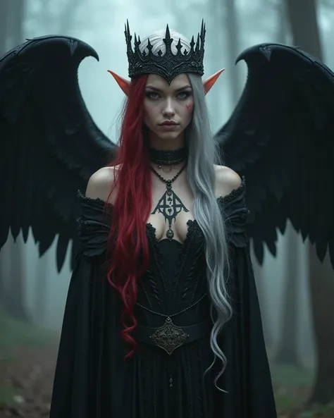 Make the image of a dark elf female Gothic warrior, with 2 black wings ,  a crown on your head ,  hair half silver half red , 
On the chest a tattoo with the word A3G in Gothic letters 
In the background a haunted forest with white mist Long hair,  Hair Be...