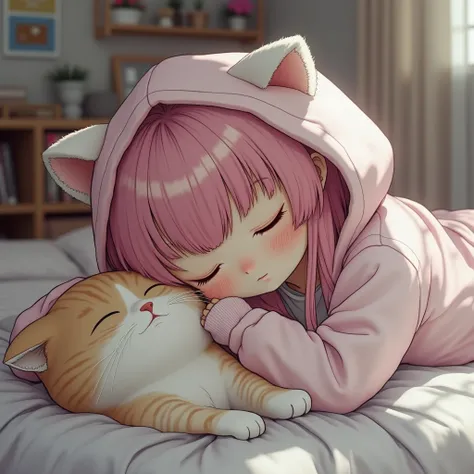 A girl shaped like a two-headed body, 1 girl， pink hair,  Bang Bangs,   sleepy face, closing eyes、Over a giant cat , on the stomach of a cat bigger than the model、fat cat、 hoodie with cat ears ，Fluffy clothes, hood ， film grain,８ＫＲＡＷ photos,  photorealisti...