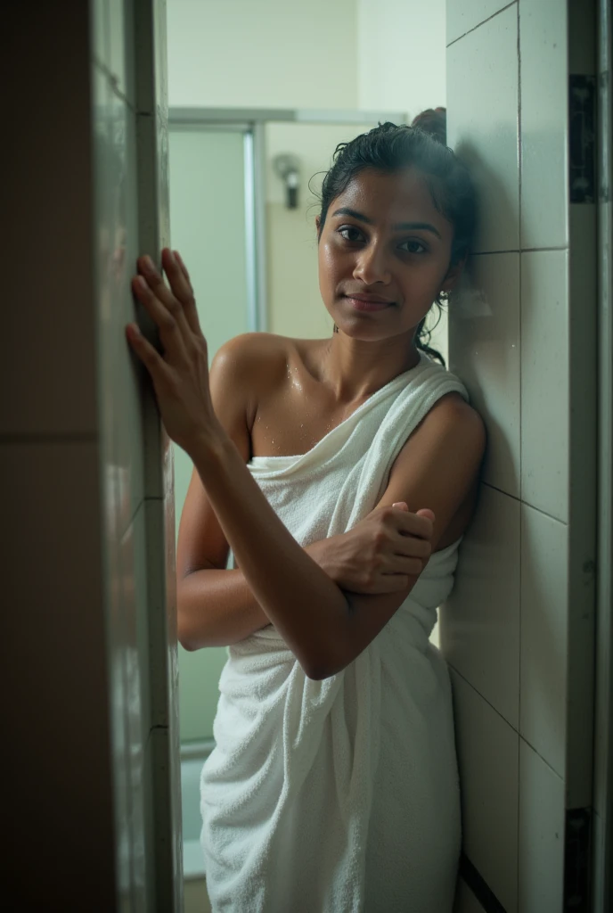 Realistic Photo Srilanka age girl From the school bathroom Showering Wear a Bath Towel All his body is wet from the shower water Closing the door of the School bathroom