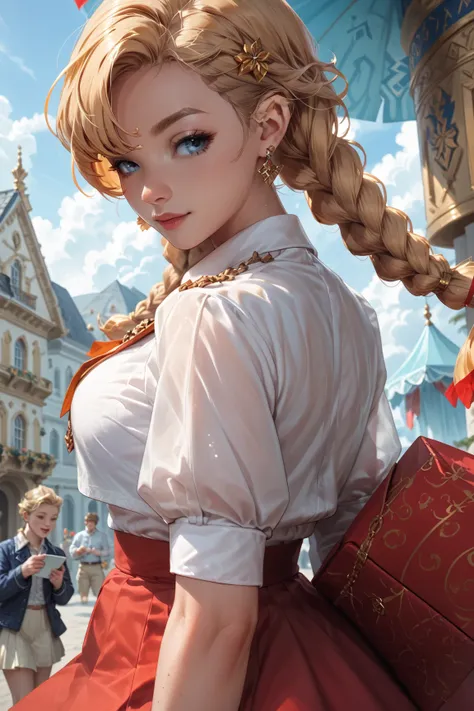  girl, Cologne Carnival Spark Mariechen,  blonde hair , 2 braids, red white tulle skirt, moving  