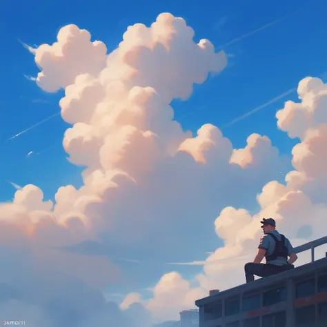 no character, only background, blue sky, clouds, horizon, far city