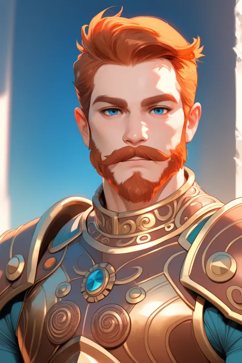 A handsome man,  blue eyes,  copper hair, simple armor, proud appearance ,muscular, ego,  brown armor with black details, (((copper beard and mustache: 1.1))), A lot of beard ,  appearance of superiority ,  short hair,  hair brushed back ,