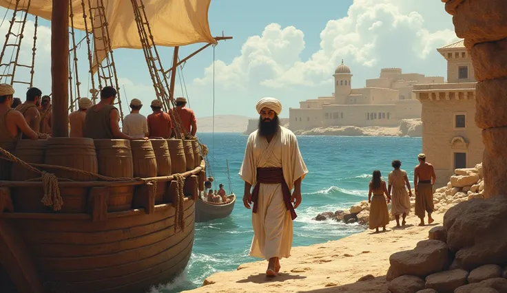 Prompt:
"Prophet Yunus (a man with a white turban and long beard) walking towards a wooden ship at a bustling ancient port. The ship is filled with barrels, ropes, and sailors preparing to set sail. Yunus looks over his shoulder with a conflicted expressio...