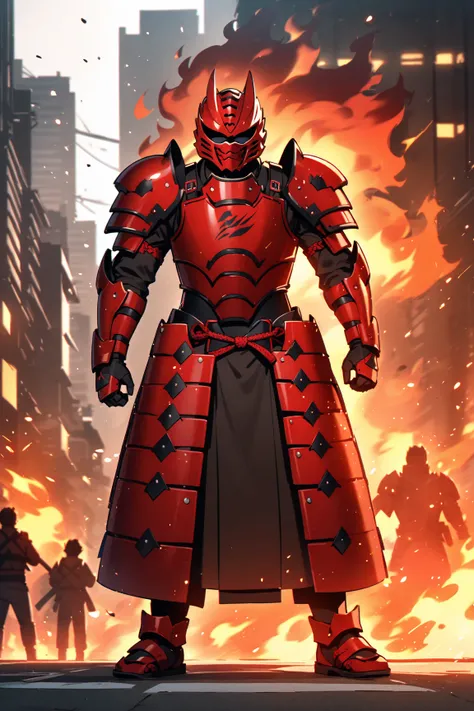 male character, red tiger-motiff, Japanese Samurai armor, armor plates on arms, armor plates on legs, chestplate, fire power, in the metropolis