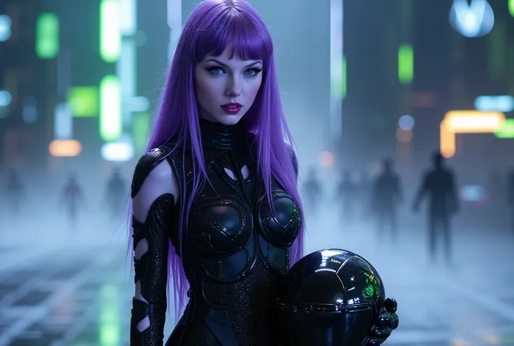 A hyper realistic, ultra-detailed portrait of a stunning female alien warrior with light purple skin, vibrant green eyes, and long, flowing purple hair that shimmers under the light. She has an athletic, toned humanoid physique, exuding both strength and e...