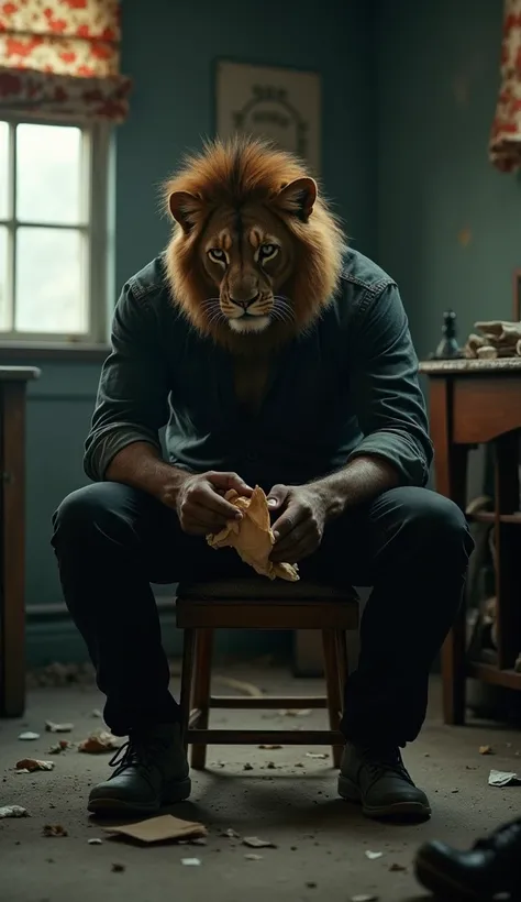 "A lion-headed humanoid with a rugged mane, sharp feline features, and a muscular build sits on a worn-out wooden chair in a dimly lit, gritty room. He wears a dark, rolled-up shirt and black pants, mirroring a human’s stylish yet rugged look. His posture ...