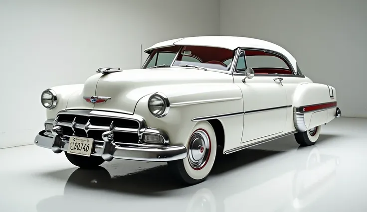 (White) sides view 1950 Chevrolet Bel Air in the showroom . the front plate reads "( 1950 Chevrolet Bel Air ) view highlighted.