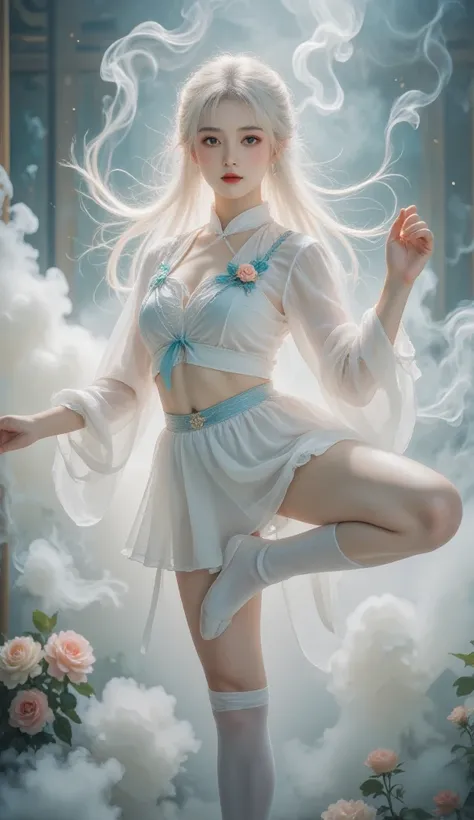 standing splits，chinese clothes，cloud ，makeup，red lips ，smoke ，waves，floating hair ，（（（（（Standing snapping refracts ：1.6， “sexy thigh-high socks”:1.5））））），{{ masterpiece}},{ best quality },{ Alice in Wonderland },{ alone},1 Girl,{Studin},{whole body},{{del...