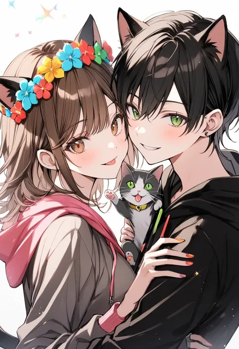 2 people 1 person （brown hair brown eyes hoodie( pink、 black hair) Bob Hair Flower Crown  ）second person（male,   black hair,  green eyes, Cat ears,  black hoodie ）  the two are dating and kissing, glitter effect,  colorful、 medium hair,  smiles,  character...