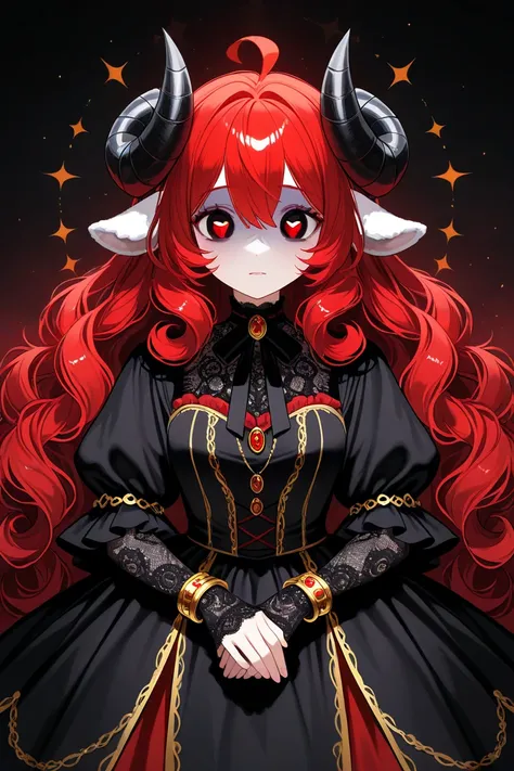 The eyes are deep, red in color, with vertical pupils like demons. Her skin was pale with a slight pearlescent glow. Her hair was snow-white, wavy and thick, slightly curled at the ends like sheep's wool. Horns - curved, dark red, reminiscent of rams, deco...