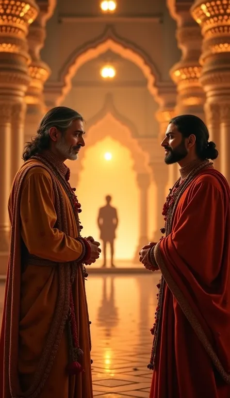 The wise sage smiling, impressed by King Vikramaditya’s answer, preparing to ask the third and final question, the palace glowing with golden light, 4K ultra HD, cinematic atmosphere."