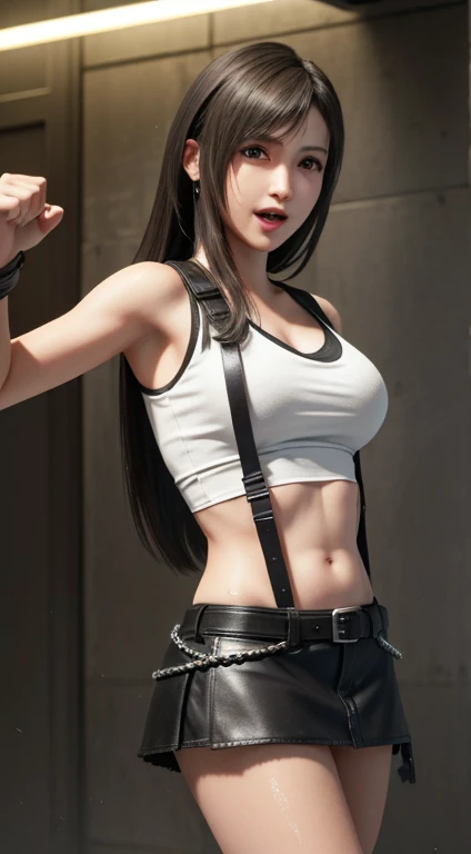 (Top Quality, Masterpiece: 1.1), (Realistic: 1.3), BREAK (((FF7,Tifa_lockhart))),(tifa_lockhart and monsters), (open mouth, clenched fist, action pose,:1.1), ((fight against)),,(A dark, barely lit torture chamber:1.3,wet:1.2,night:1.1,handcuffs:1.3,restrai...