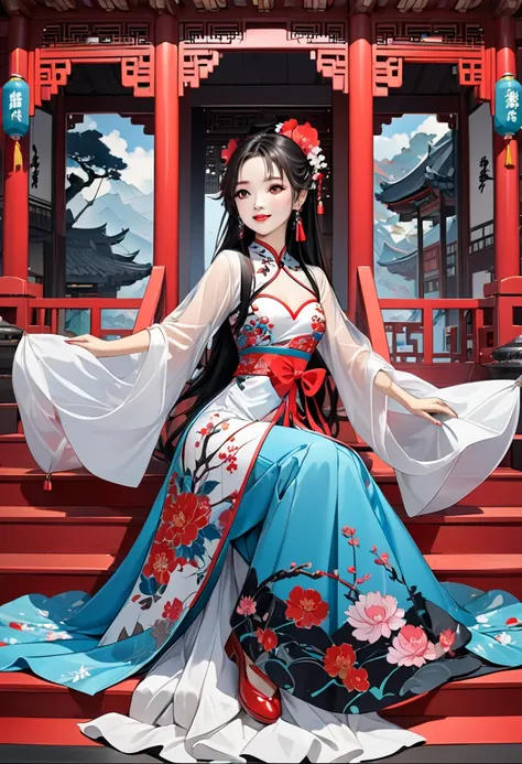  intense ink painting、 dancer style in a Chinese period movie、 darker makeup、 clear blue eyes 、 Perfect Face 、 cute girl、 petite and perfect style 、 white and pink see-through dress、 with red stairs in the back 、Round Stage、 jewelry、Long chestnut hair、 red...