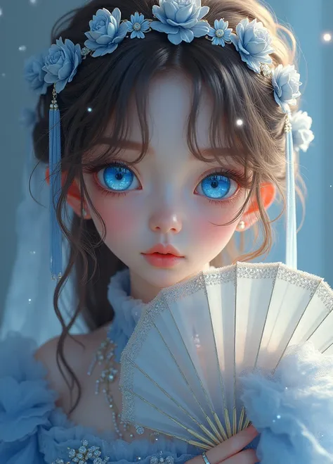 a girl who has indigo eyes on the right and sky blue on the left, then light brown hair. with a girl's royal dress with short pants and then using a fan