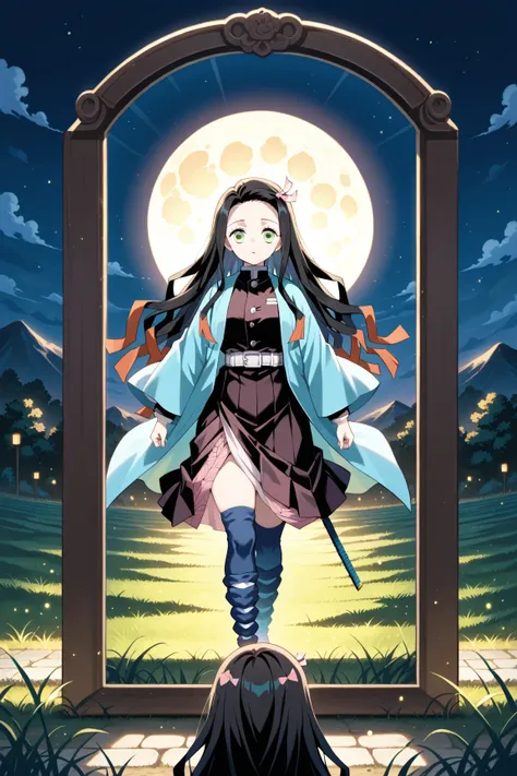 1girl, solo, Nezuko Kamado, kimetsu no yaiba, human, demon slayer uniform, blue haori, blue stockings,  blue katana, stands in front of a full-length red mirror, an evil reflection, night, grass, a field of green grass, 