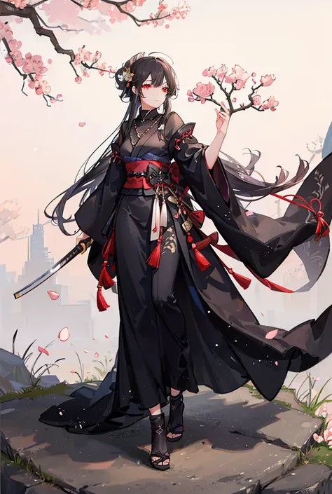 Long black hair,messy bun, samurai girl in long clothing with katana in hip and red eyes and blossom tree in background and long black silky hair that is straight and smooth