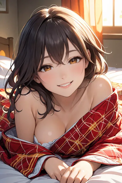 "An anime-style illustration of a stunning young woman lying in bed, mostly hidden beneath a soft, colorful quilted blanket with intricate patterns. Only half of her face is visible as she peeks out, her bright and playful smile adding a touch of warmth to...