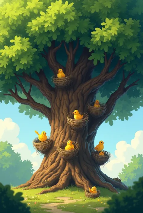 A big tree there are many nests yellow bird in nests animated 