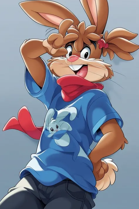 zPDXL3,quicky,4 fingers,brown fur, black pants, red neck scarf, blue striped shirt, French style, standing, young adult, cute version of quicky, cute rabbit hair, furry, rabbit, male, gay, femboy, slim,solo,looking_at_viewer,