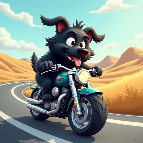 Cartoon of a black furry dog riding a motorcycle