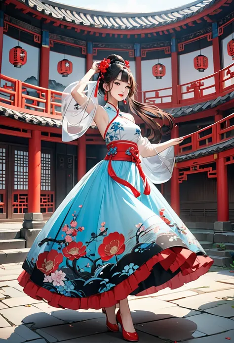  intense ink painting、 dancer style in a Chinese period movie、 darker makeup、 clear blue eyes 、 Perfect Face 、 cute girl、 petite and perfect style 、 white and pink see-through dress、 with red stairs in the back 、Round Stage、 jewelry、Long chestnut hair、 red...