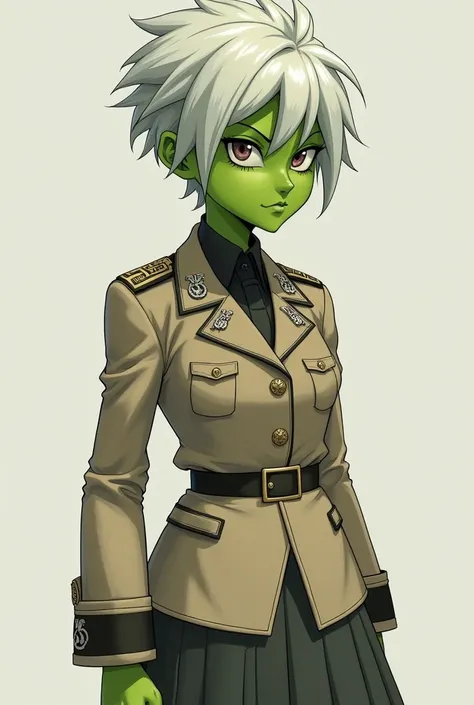 cheelai von dragon ball, Small,  green skin , white short hair, Nazi dress 