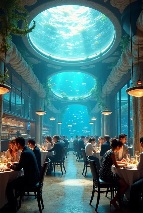 diners at underwater cafe (table by table) (realistic people)