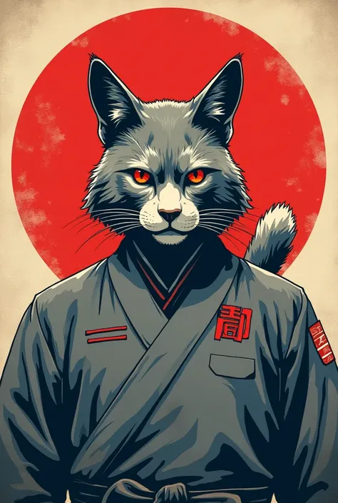  American propaganda poster,  American propaganda poster, a samurai in gray , With ears and tail of a cat with a flag of Japan on the back 