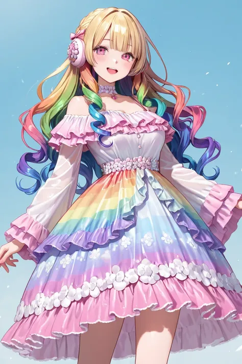 Beautiful girl with long hair in rainbow curls wearing a rainbow lolita dress with a dragon next to her
