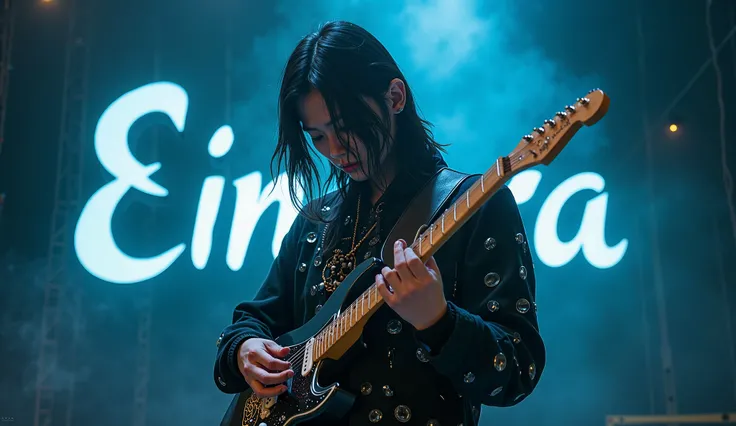  a long-haired Asian K-pop boy in a dark place 、The word Einara is written in the background and 、 glowing stones are drawn on the electric guitar he is playing and his clothes