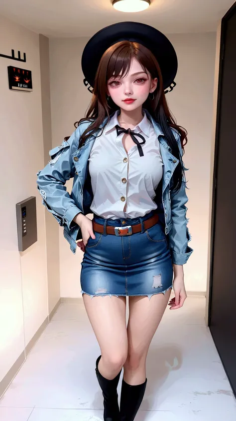 beauty young woman ,walking inside building, in front of elevator,  BREAK, (dark-brown long wavy hair, black hat), BREAK, ( (denim long sleeves jacket), (white collared undershirt), dark-denim pencil mini skirt with belt, black ankle boots), BREAK, (1girl,...