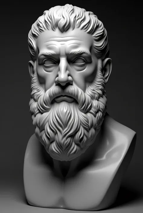 
#Face



A grayscale bust of a mature middle-aged man with a tired facial expression. 


 with a short haircut and a thick, prominent, flowing beard
sculpted in a style reminiscent of ancient Greek or Roman sculptures. 
The beard are meticulously detailed...