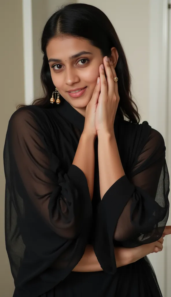 Generate a wide super detailed realistic full body image of beautiful and sexy srilankan 21 year old girl wearing a black transparent Indian kurti  and wearing transparent jhumkha on her ears with a background of room which is not blurred . Show the backsi...