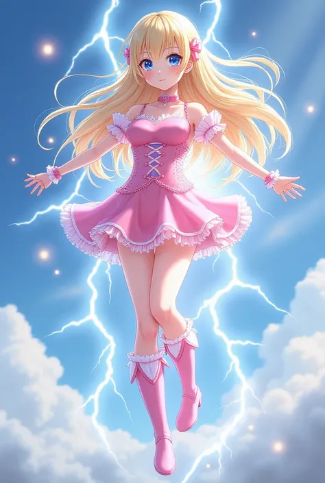 A beautiful Japanese character with an innocent face,  blue eyes,  white skin, short pink dress with white lights, knee-high pink boots, Flying in the air and standing, Electricity comes out behind her and her hair is long blonde and she is already an adul...