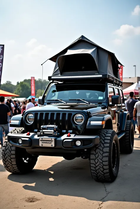 Jeep wrangler in black color with white fog lights on front pumber and a wench, a roof tent and MT Tires,parked in an out door auto show.