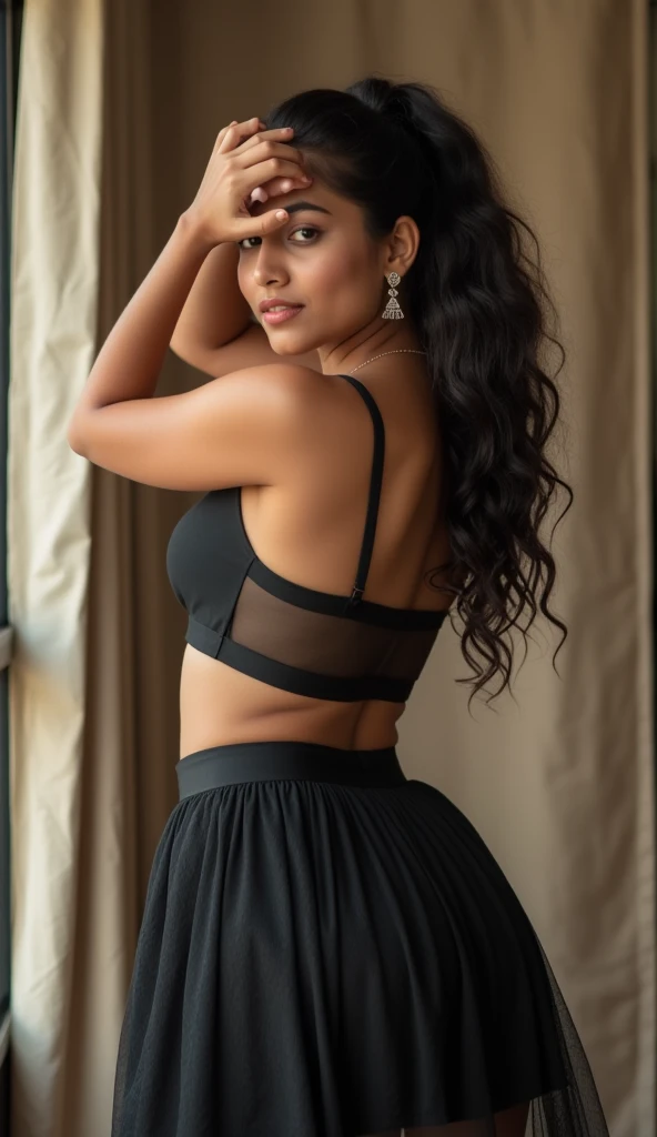 Generate a wide super detailed realistic full body image of beautiful and sexy srilankan 21 year old girl wearing a black transparent skirt and wearing transparent jhumkha on her ears with a background of room which is not blurred . Show the backside view ...