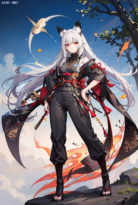 Boy, fit, turtle neck ninja clothing with sleeves arms and long kimono pants and fox ears,kind and energetic,white hair,red eyes,sharp long hair and thick hair