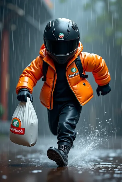 2 dimensional cartoon power ranger in black wearing orange jacket with SHOPEEFOOD, black motorcycle helmet ,  running carrying plastic bag with black background and rain