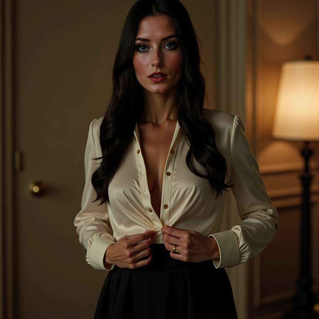 A cinematic, hyper-realistic image of a tall, slender woman with long, straight black hair standing in the dimly lit suite of an upscale hotel. She is dressed in an elegant ivory silk blouse, the fabric smooth and pristine, tucked neatly into a flowing bla...