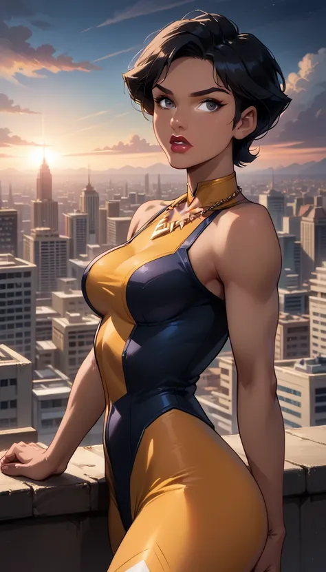 score_9, score_8_up, score_7_up, (midnight, evening, dark:1.3), 1girl, solo, beautiful waifu, sexy (vx_hero, black hair, brown eyes, short hair, dark-skinned female, lipstick, tooth necklace:1.4), wearing (yellow and brown bodysuit, bare shoulders, skin ti...