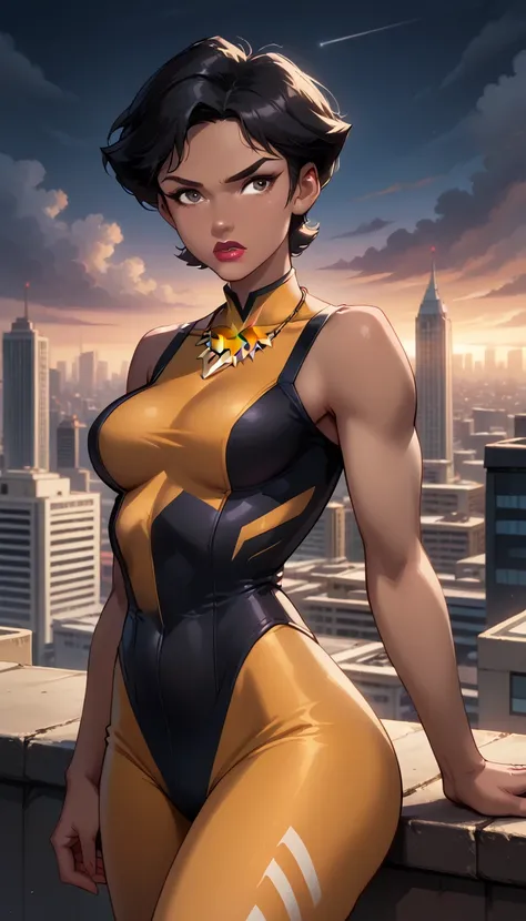 score_9, score_8_up, score_7_up, (midnight, evening, dark:1.3), 1girl, solo, beautiful waifu, sexy (vx_hero, black hair, brown eyes, short hair, dark-skinned female, lipstick, tooth necklace:1.4), wearing (yellow and brown bodysuit, bare shoulders, skin ti...