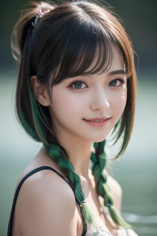  1 girl, Alone,  hair ornament,  green hair,  twin tails,  long hair,  dress, water,, Mid-range portrait photography (Farzan) From Genshin Impact ,,  Dark Fantasy Backdrop , Charming grin.,  ultra-realistic and highly detailed intricate photorealistic anal...