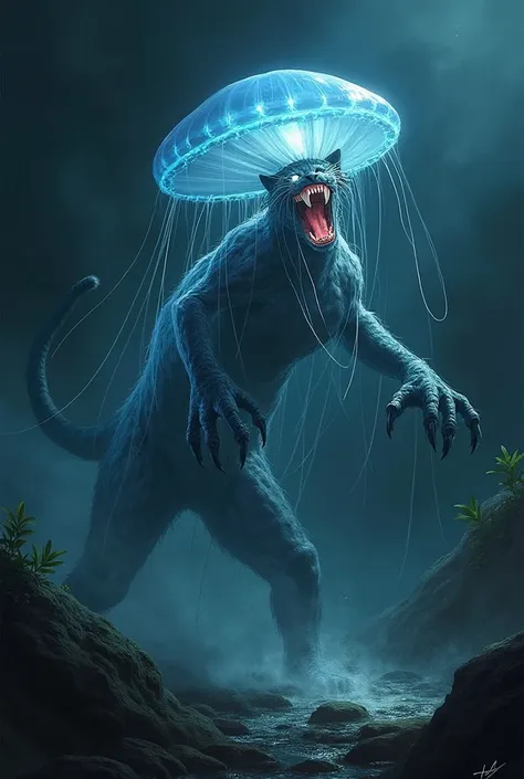 Prompt for the Second Image:**  
"Design a hybrid creature that seamlessly combines the features of a [jellyfish] and a [panther] into a single, monstrous entity. The creature should have the jellyfish's translucent, glowing body and flowing tentacles, mer...