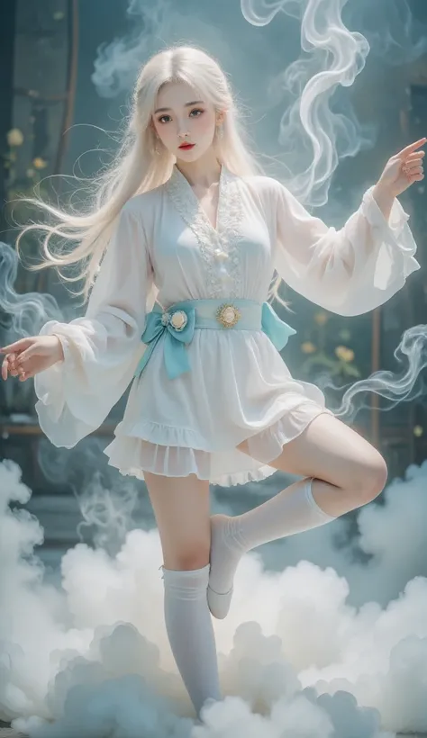 standing splits，chinese clothes，cloud ，makeup，red lips ，smoke ，waves，floating hair ，（（（（（Standing snapping refracts ：1.6， “sexy thigh-high socks”:1.5））））），{{ masterpiece}},{ best quality },{ Alice in Wonderland },{ alone},1 Girl,{Studin},{whole body},{{del...